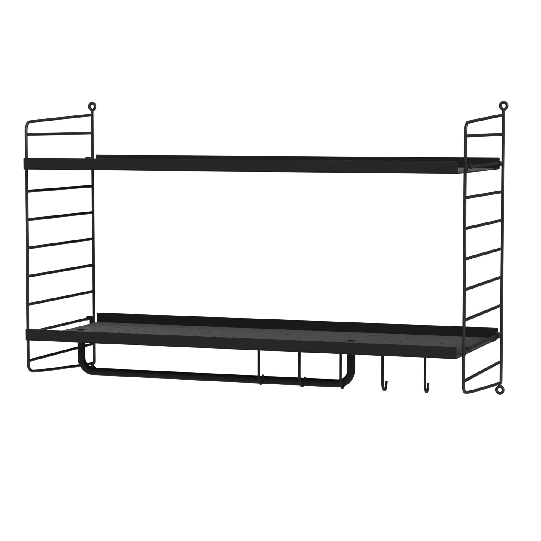 Svart vegghengt String klesstativ med hylle, stang og kroker