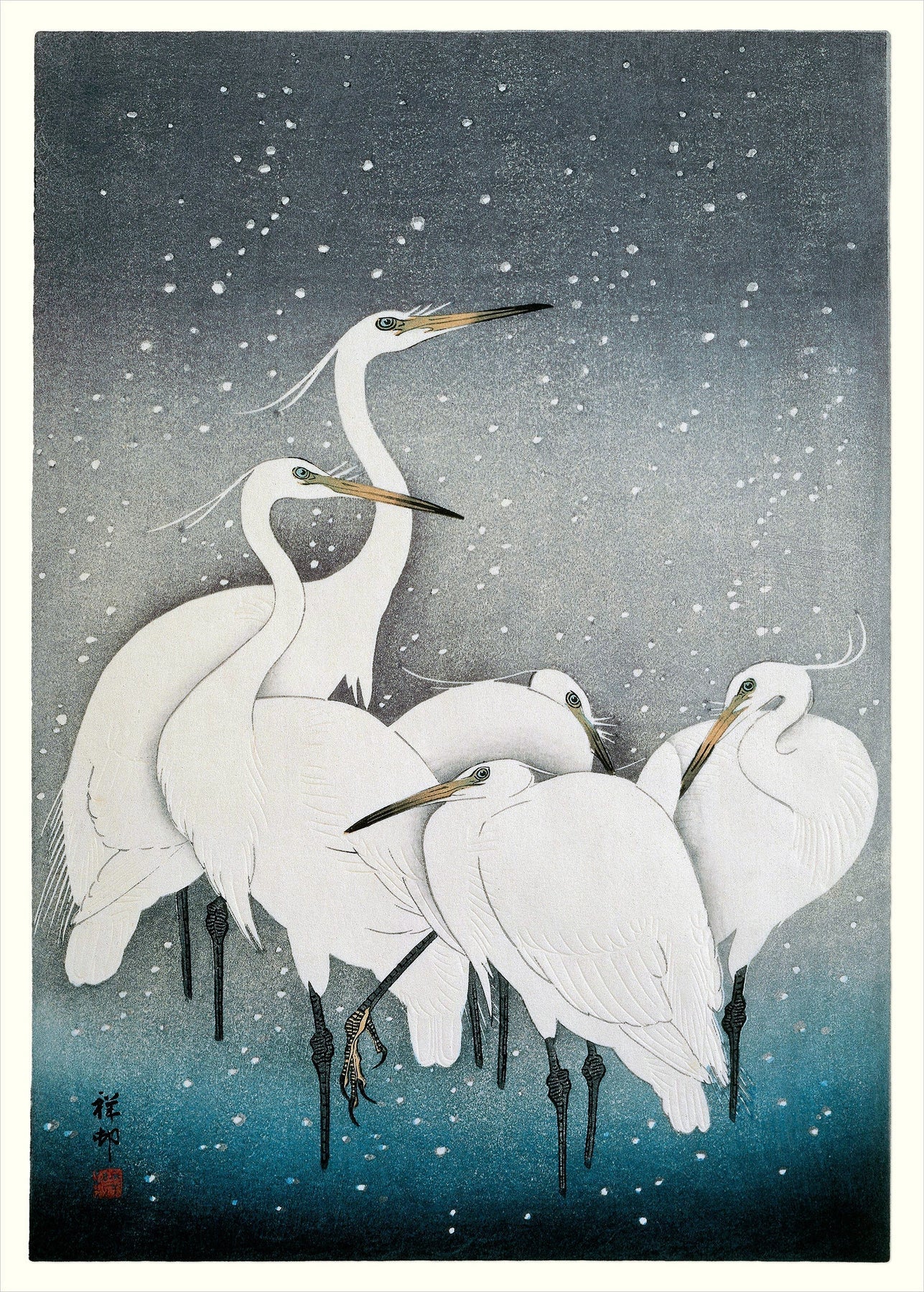 Kunstplakat med hvite hegrer i snøfall, Snowy Herons av The Dybdahl Co, trykket på matt kunstpapir i størrelse 50x70 cm.