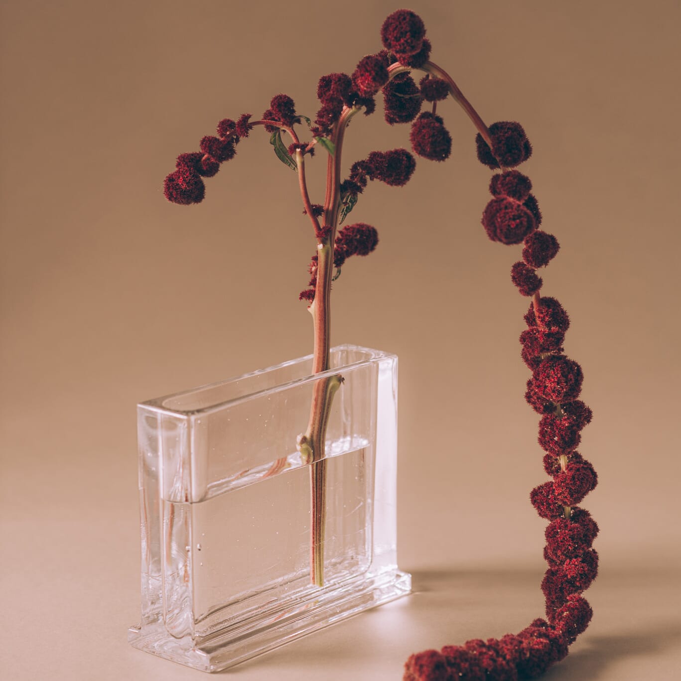 Monoblokk blomstervase i klart pressglass med asymmetrisk form, designet av Anderssen & Voll