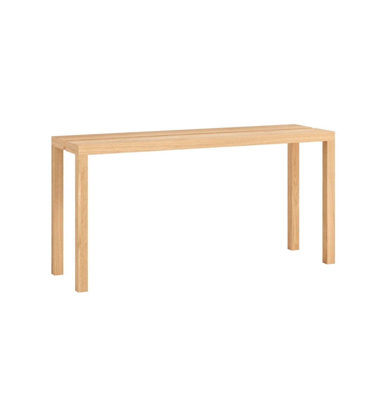 Moebe Peg benk i eik med enkel konstruksjon og rette linjer, vist isolert for å fremheve form og materiale.