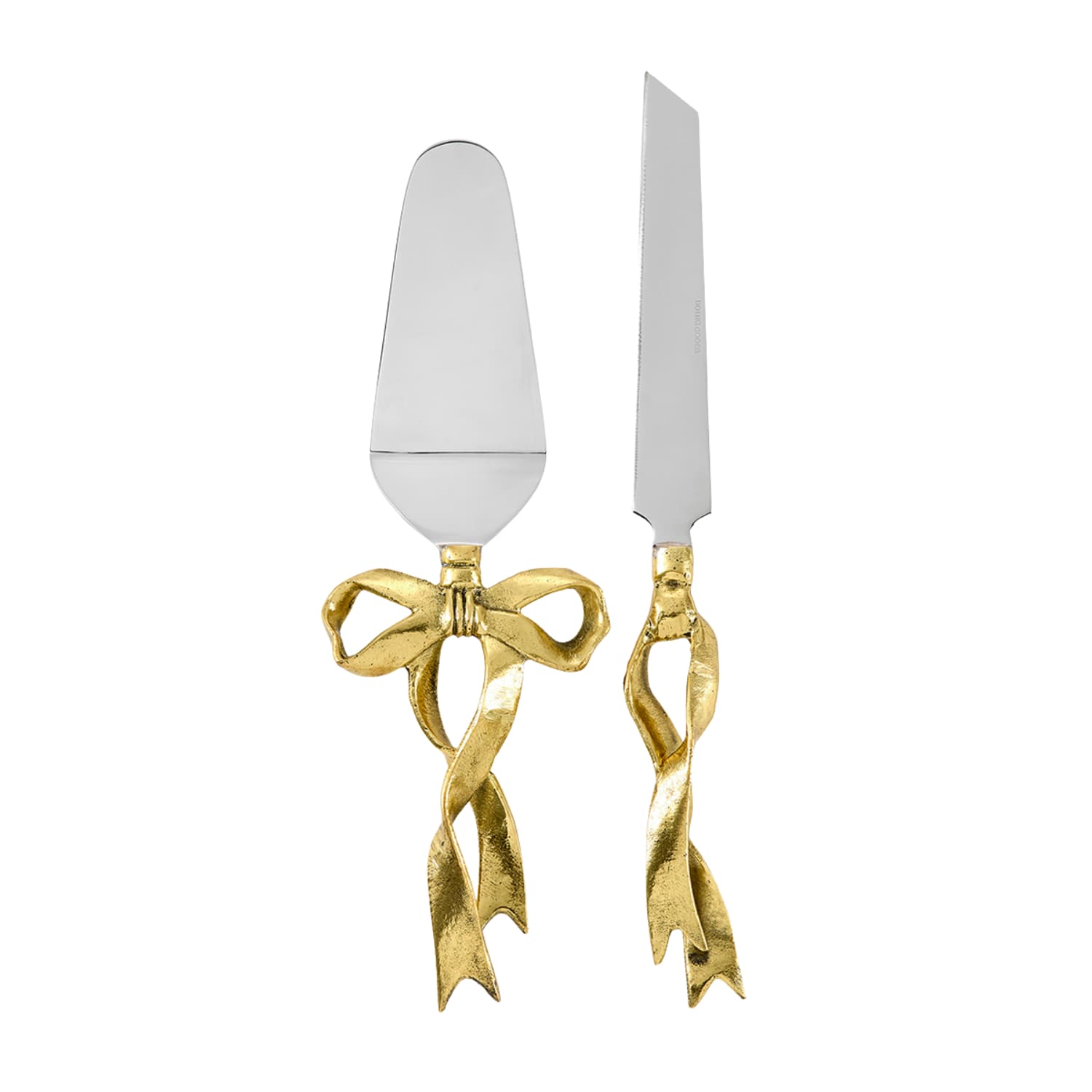 Kakespade og kakekniv med sløyfe i resirkulert messing