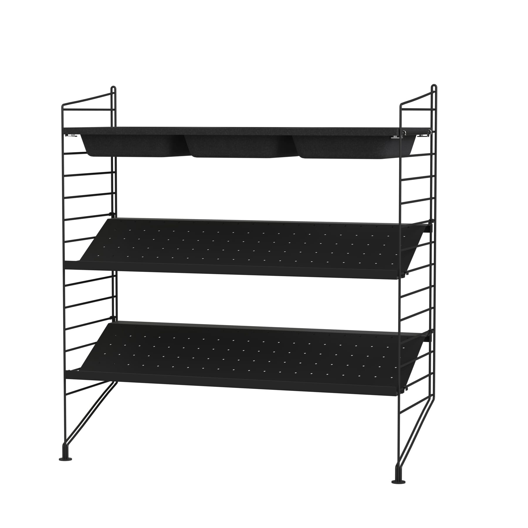 String skohylle i svart med to hylleplater i metall og en skålhylle