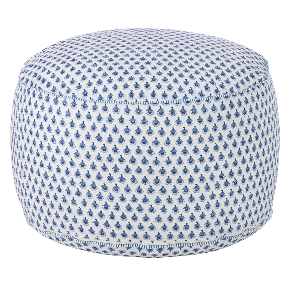 Puff med håndtrykte block print i dype blå nyanser