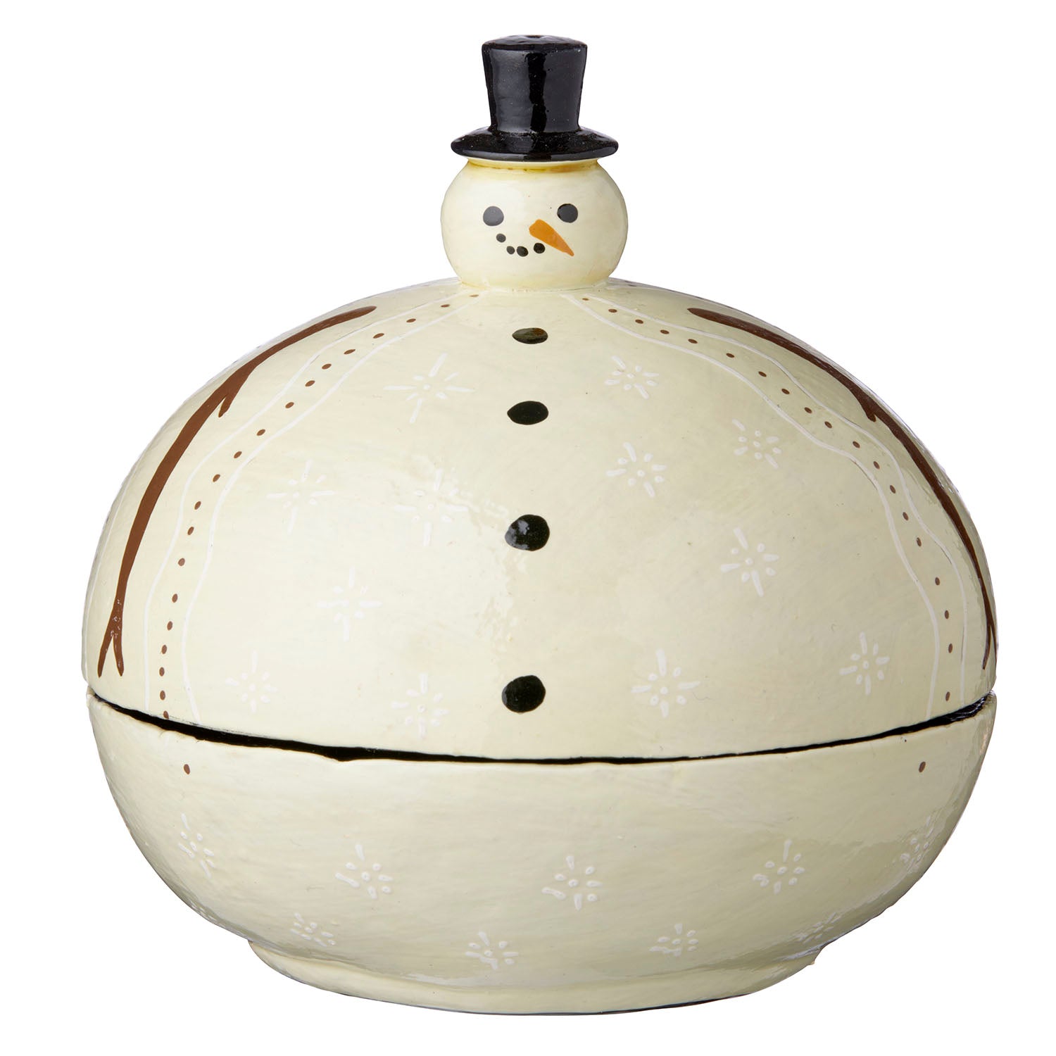 Håndmalt dekorasjonsboks i pappmasjé med snømannmotiv fra Bungalow. Perfekt til små skatter og juleminner. H 13,5 cm.