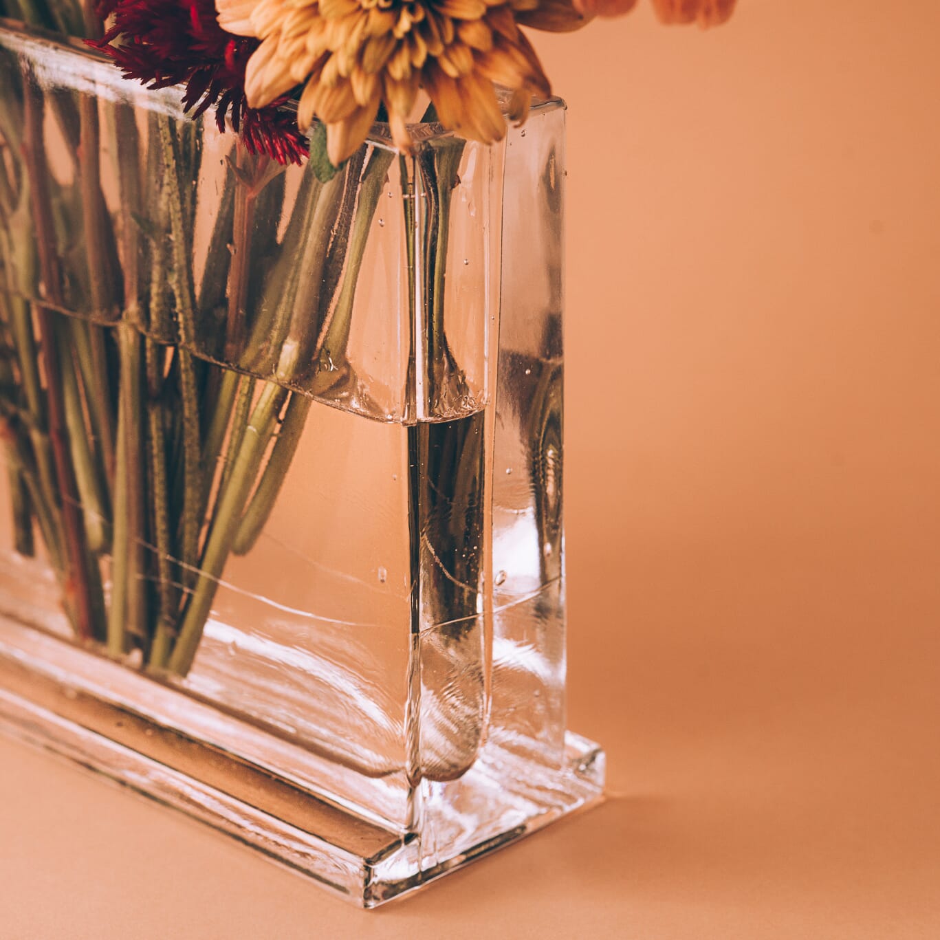 Monoblokk blomstervase som fremhever stilker i klart glass