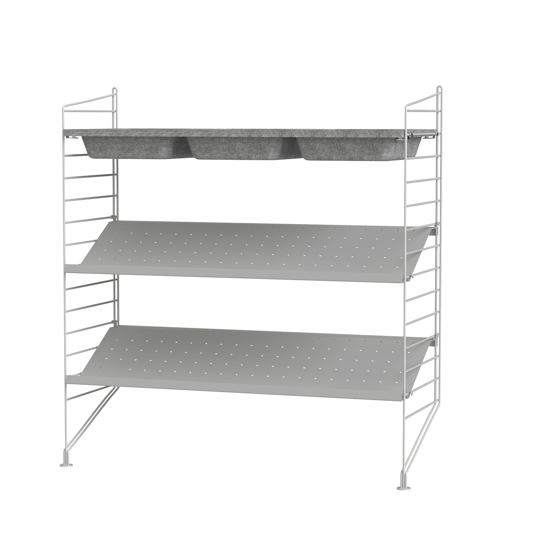 String skohylle i grå farge med to hylleplater i metall og en skålhylle