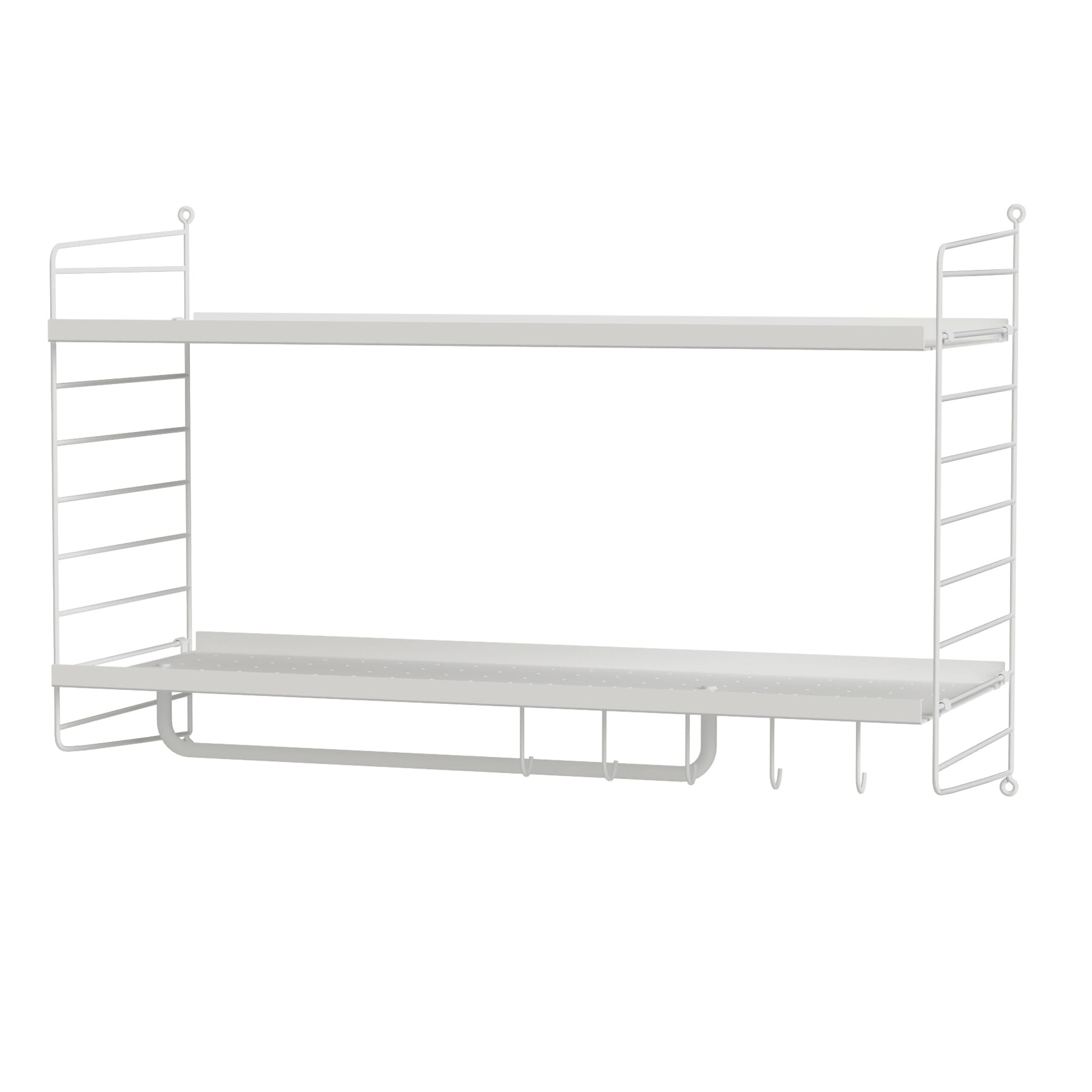 Hvit vegghengt String klesstativ med hylle, stang og kroker