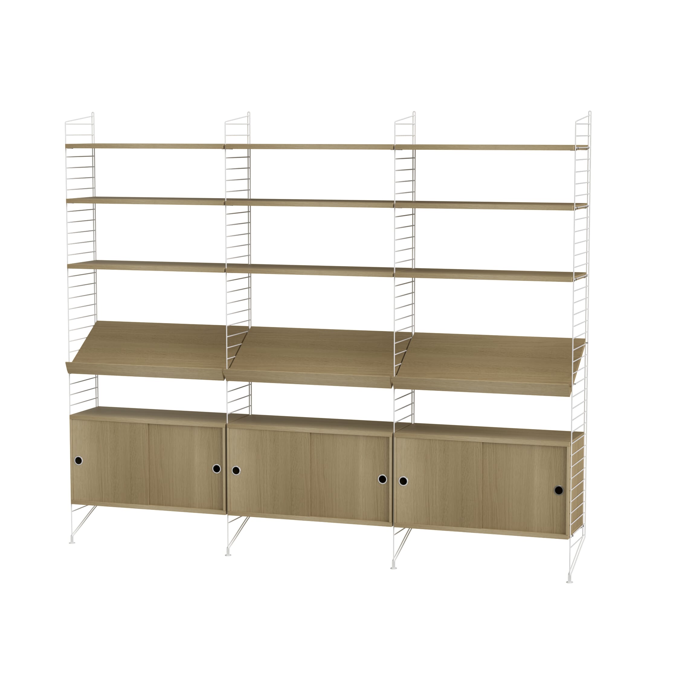 String gulvreol 240 × 200 med åpne hyller, magasinhyller og skap